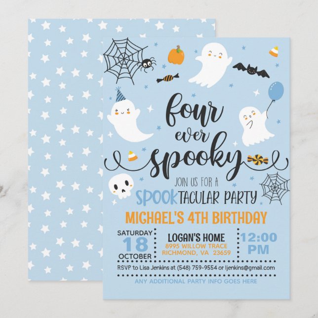 Vier Mal Spooky zum Geburtstag Einladung - Blau (Vorne/Hinten)