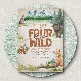 Vier Mal Wild Woodland Tier 4. Geburtstag Einladung