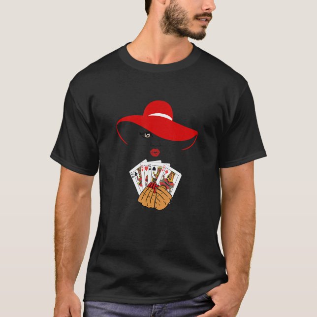 Vier Melanin Queens Poker Spieler Kartenschlag T-Shirt (Vorderseite)