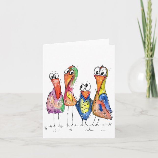 Vier Niedliche Whimsikfarbige Vögel Karte (Vorderseite)