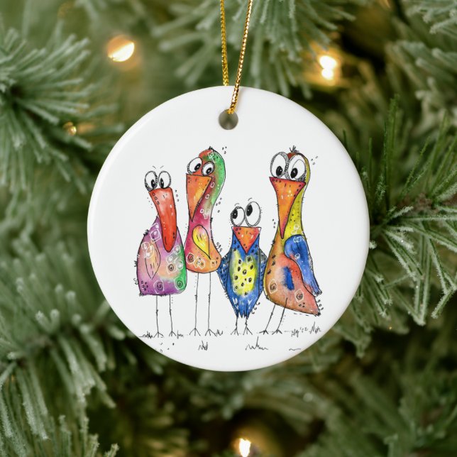 Vier Niedliche Whimsikfarbige Vögel Keramik Ornament (Baum)
