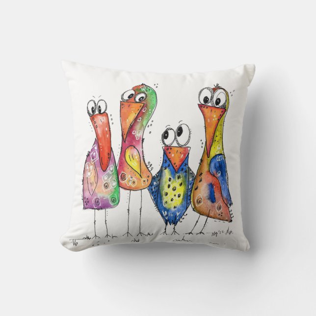 Vier Niedliche Whimsikfarbige Vögel Kissen (Vorderseite)