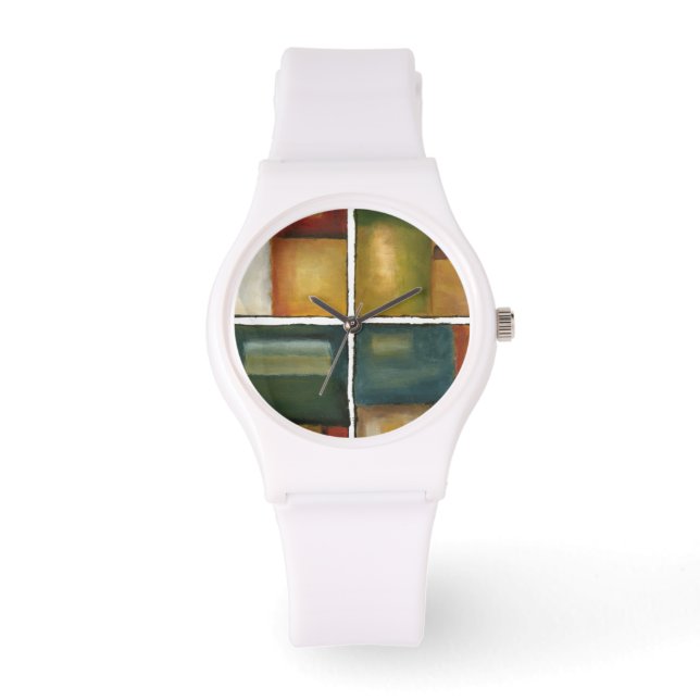 Vier Panelmalereien von Jennifer Goldberger Armbanduhr (Vorderseite)