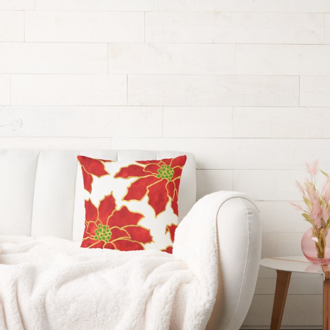 Vier Red Gold Wasserfarben Poinsettias Kissen (Liege)