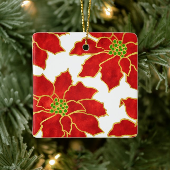 Vier Red Gold Watercolor Poinsettias Note Card Keramikornament (Baum)