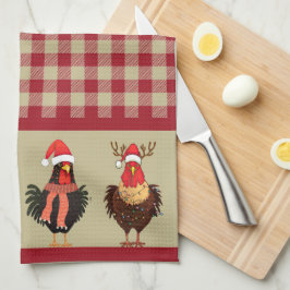 Vier Santa Chickens - Rot und Tan Lumberjack Karie Geschirrtuch