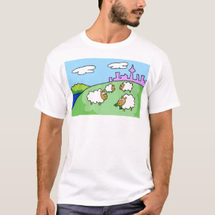 Vier Schafe auf einem Hügel. Dunkle und helle T-Shirt