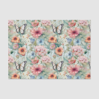 Vier Schmetterlinge auf der Blumenmuster-Decoupage Seidenpapier