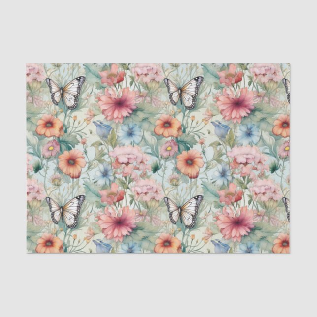 Vier Schmetterlinge auf der Blumenmuster-Decoupage Seidenpapier (Vorderseite)