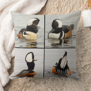 Vier sonnige Gesichter gehobener Merganser Enten Kissen
