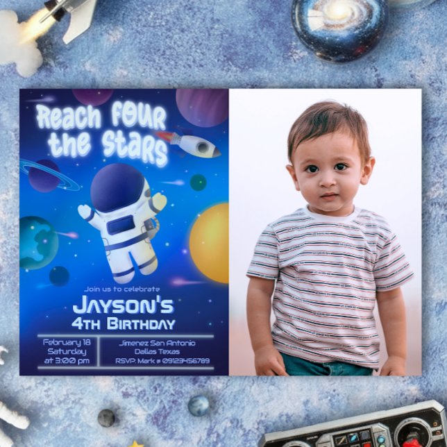 Vier Sterne erreichen - Weltraum Einladung (Reach Four the Stars - Outer Space Landscape Invitation with Picture)