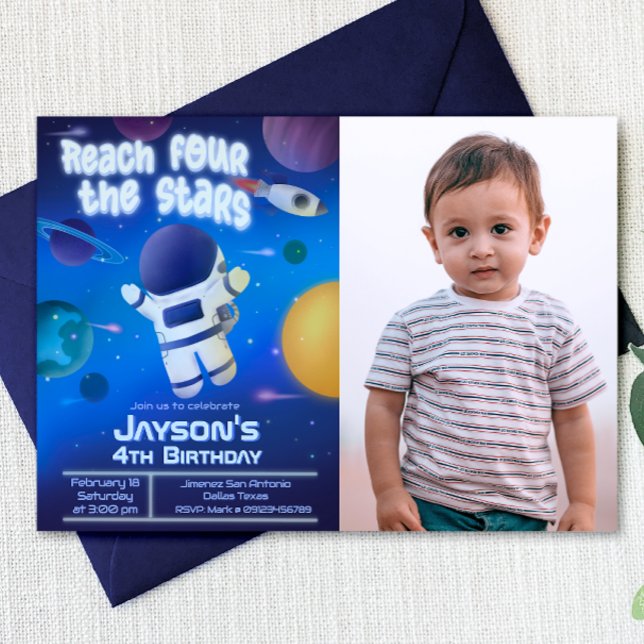 Vier Sterne erreichen - Weltraum Einladung (Reach Four the Stars - Outer Space Landscape Invitation with Picture)