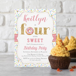 VIER Sweet Donut Girls 4. Geburtstag Einladung