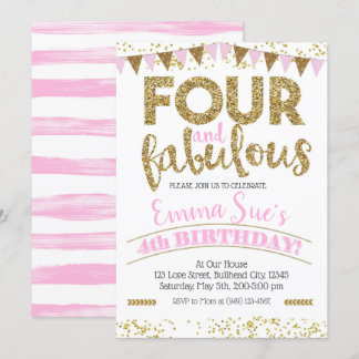 Vier und fabelhafte Girls Pink & Gold 4. Geburtsta Einladung