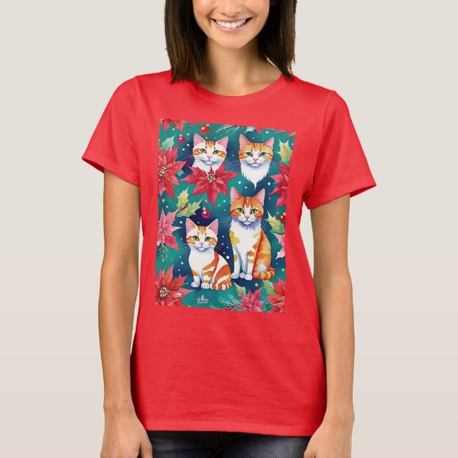 Vier Weihnachtskatzen mit Poinsettien T-Shirt (Vorderseite)