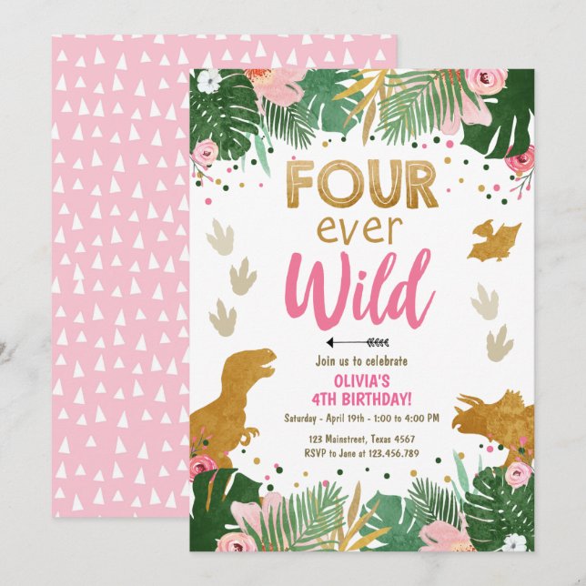 Vier Wilde Dino Girl Pink Dinosaur Geburtstag Einladung (Vorne/Hinten)