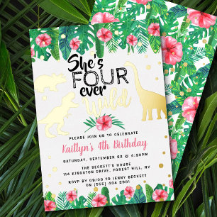 Vier Wilde Dinosaurier Girls 4. Geburtstag Real Folieneinladung