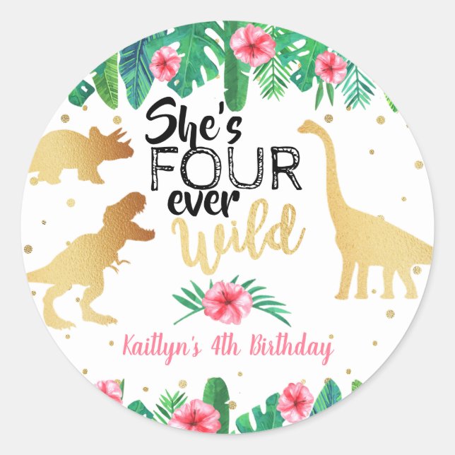 Vier Wilde Dinosaurier Mädchen 4. Geburtstag Runder Aufkleber (Vorderseite)