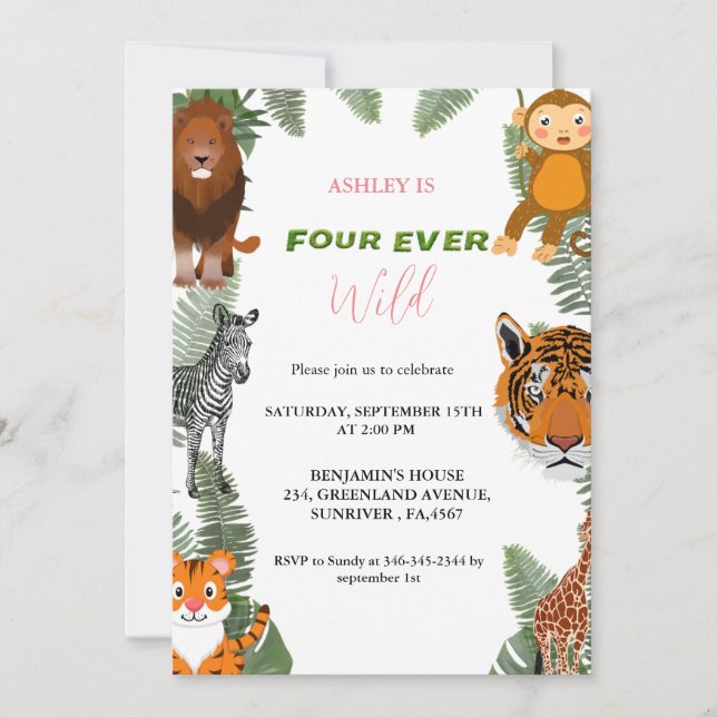 Vier wilde Girl-Safari zum 4. Party Einladung (Vorderseite)