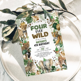 Vier wilde Jungle Safari Tiere 4. Geburtstag Einladung