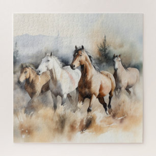 „Vier wilde Mustangs“ Staubige westliche Aquarellm