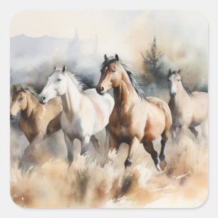 „Vier wilde Mustangs“ Staubige westliche Aquarellm Quadratischer Aufkleber