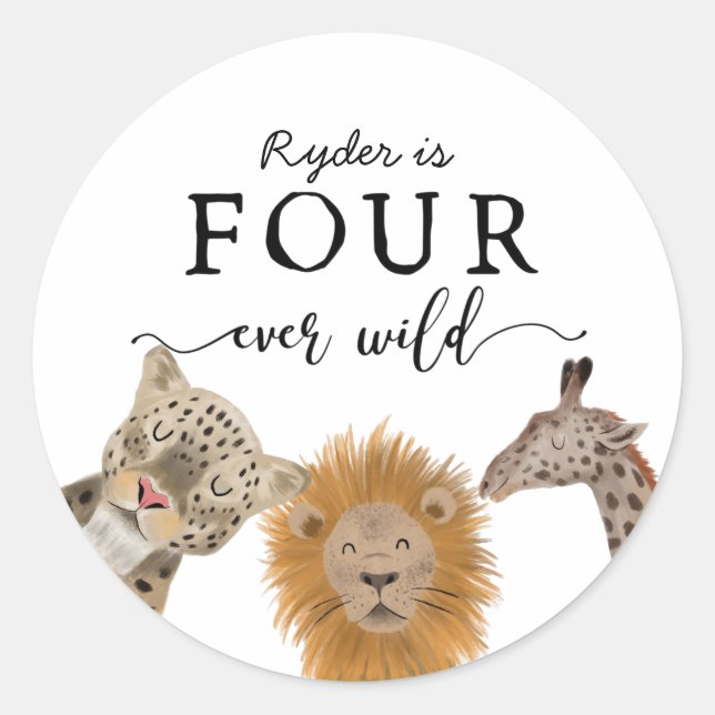 VIER wilde Safari Animal Gastgeschenk Runder Aufkleber (Vorderseite)