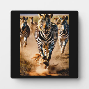 Vier Zebras laufen über die Savanne, während ein Fotoplatte
