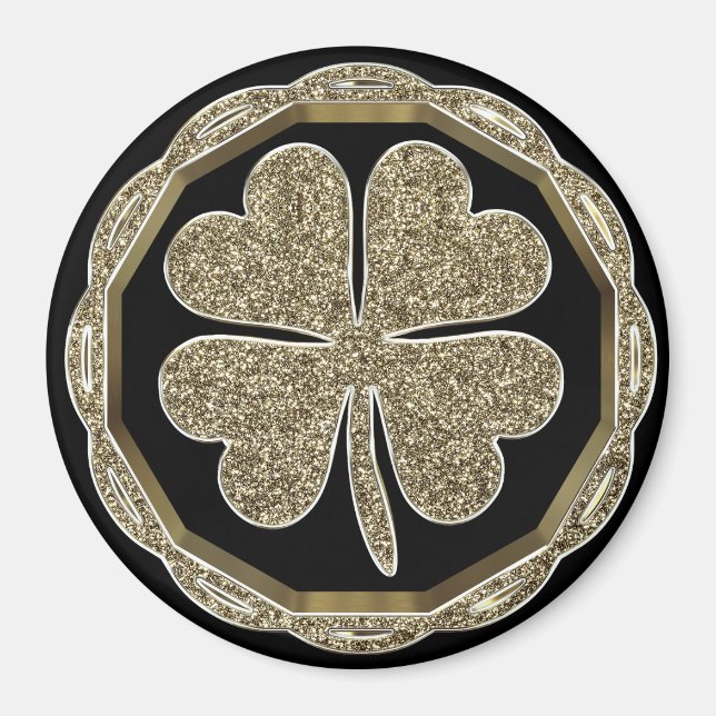 vierblättriges Kleeblatt Black and Gold Viel Glück Magnet (Vorne)