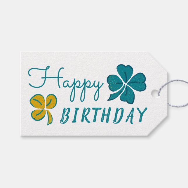 vierblättriges Kleeblatt Kleeblatt Happy Birthday Geschenkanhänger (Vorderseite (Horizontal))