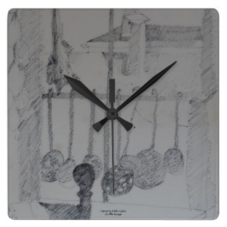 Viereckige Uhr mit Küchenleitern und Utensilien.