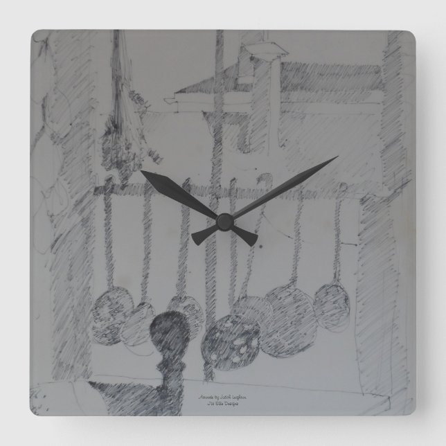 Viereckige Uhr mit Küchenleitern und Utensilien. (Vorderseite)