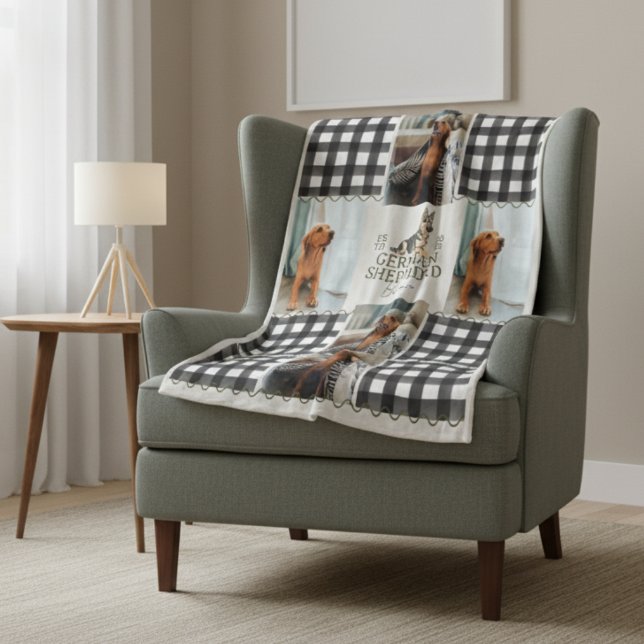 Vierer Gingham German Shepherd Pet Four Foto Fleecedecke (Cozy up with this Checkered Gingham German Shepherd Pet Four Photo Fleece Blanket!)