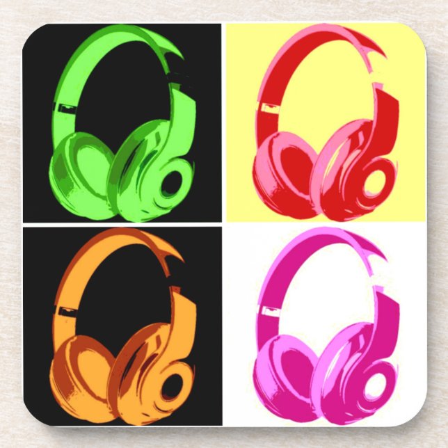 Vierfarbige Kopfhörer Pop Art Head Telefon Getränkeuntersetzer (Vorderseite)