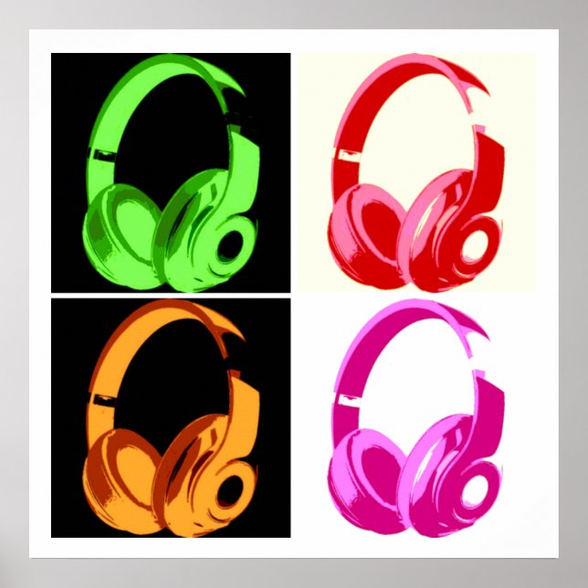 Vierfarbige Kopfhörer Pop Art Head Telefon Poster (Vorne)