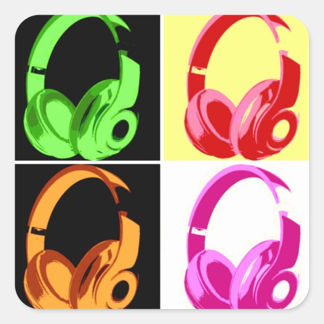 Vierfarbige Kopfhörer Pop Art Head Telefon Quadratischer Aufkleber (Vorderseite)