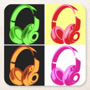 Vierfarbige Kopfhörer Pop Art Head Telefon Rechteckiger Pappuntersetzer