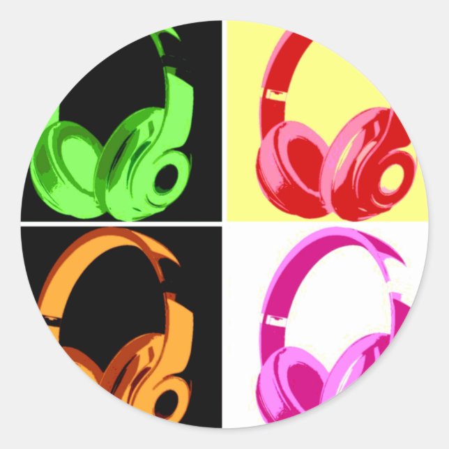 Vierfarbige Kopfhörer Pop Art Head Telefon Runder Aufkleber (Vorderseite)