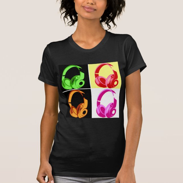 Vierfarbige Kopfhörer Pop Art Head Telefon T-Shirt (Vorderseite)