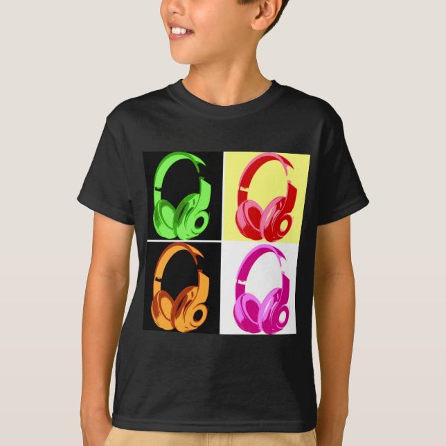 Vierfarbige Kopfhörer Pop Art Head Telefon T-Shirt (Vorderseite)