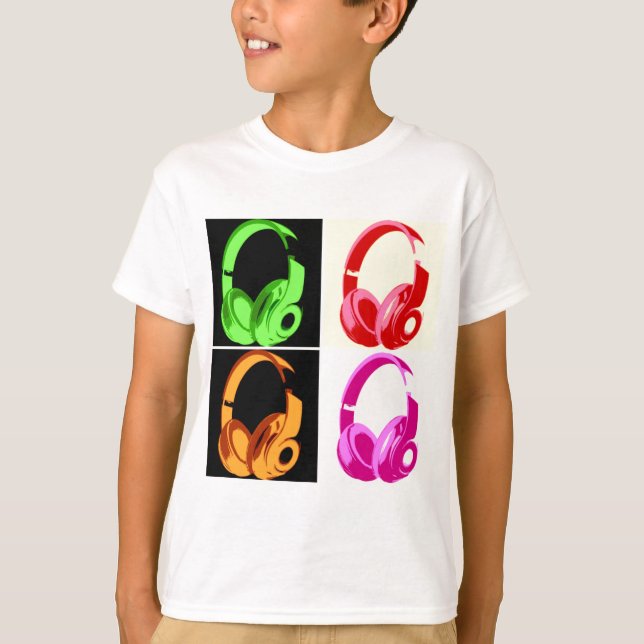 Vierfarbige Kopfhörer Pop Art Head Telefon T-Shirt (Vorderseite)
