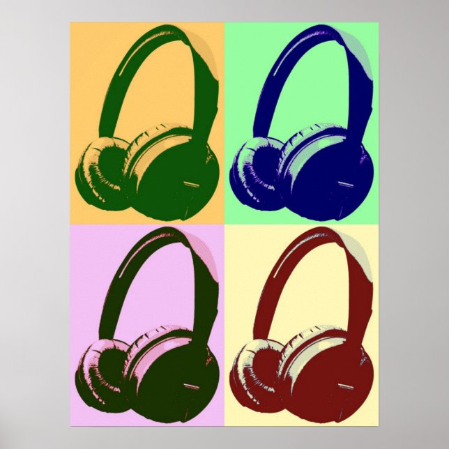 Vierfarbige Pop Art Kopfhörer Poster (Vorne)