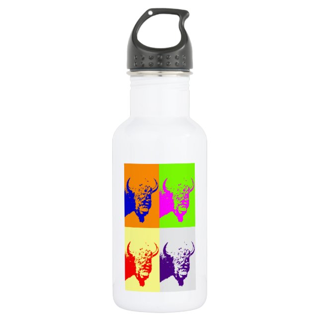Vierfarbiger Pop Art Buffalo Bison Edelstahlflasche (Vorderseite)