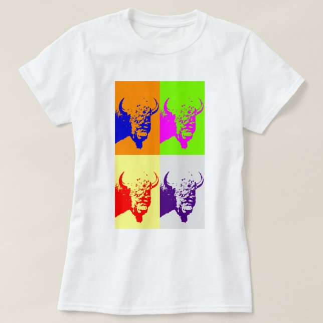 Vierfarbiger Pop Art Buffalo Bison T-Shirt (Design vorne)