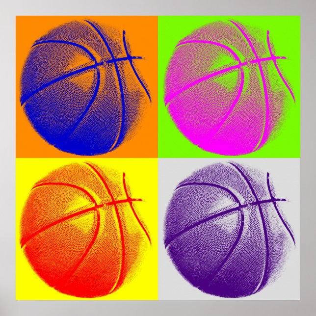 Vierfarbiges Pop Art Basketball Retrostil Poster (Vorne)