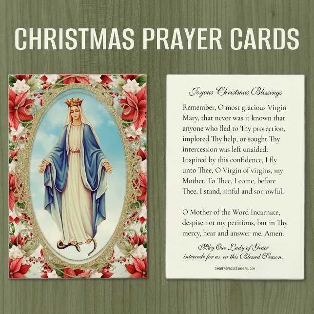 Vierge de Noël Marie Mémoire Prière Poinsettia (Christmas Memorare Prayer Cards - Our Lady of Grace )