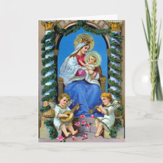 Vierge Marie, Anges et bébé Jésus Carte de Noël (Devant)