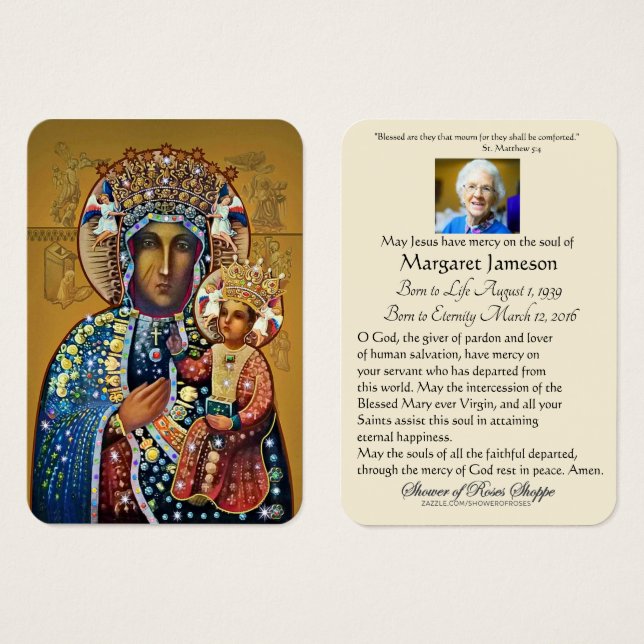 Vierge noire Marie Prière funéraire catholique (Devant & derrière)