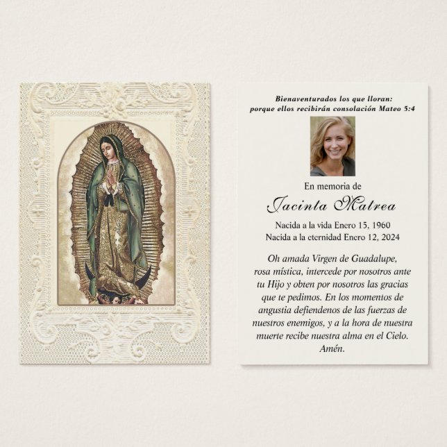 Vierge religieuse Marie Guadalupe Funérailles cath (Devant & derrière)