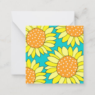 Vierhandgezeichnete Gelborange Aqua Sonnenblumen Mitteilungskarte